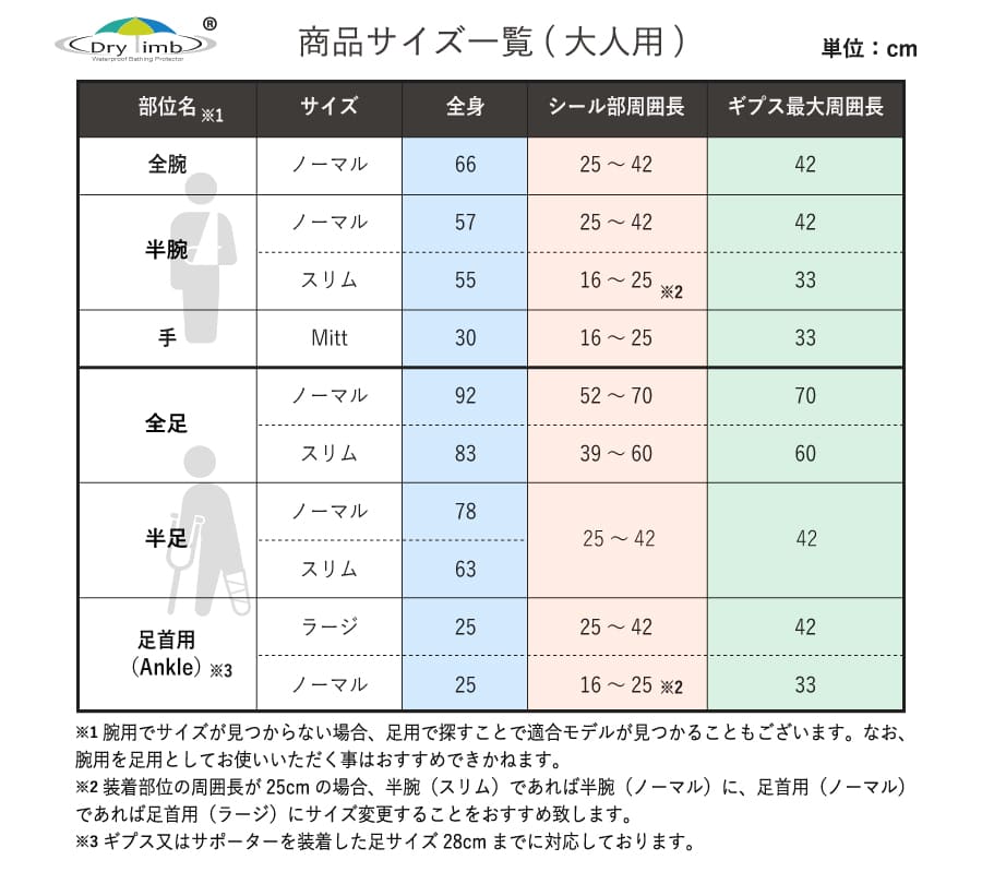 大人用サイズ一覧表